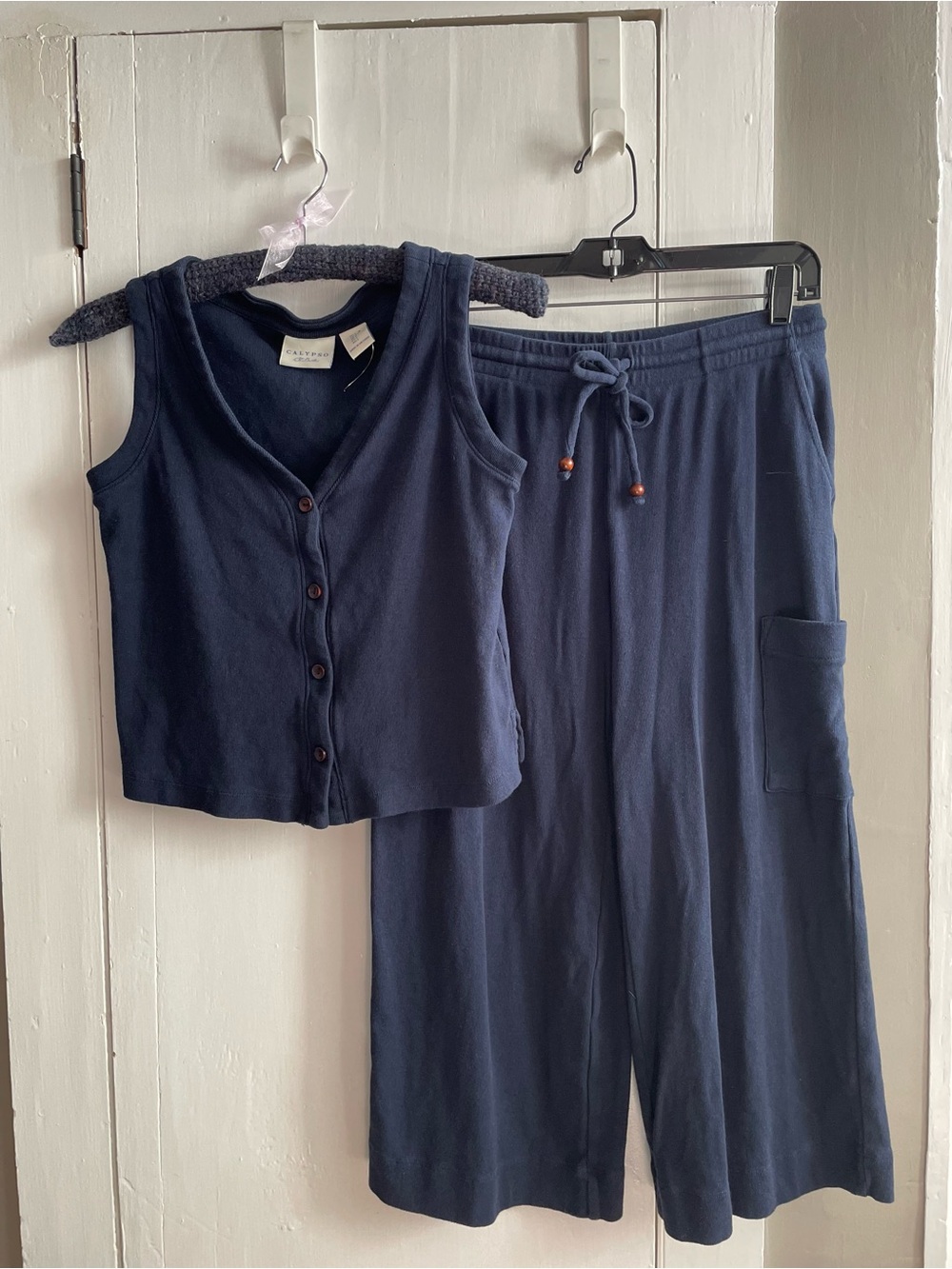 Calypso St. Barth Navy Crop Button Vest & Wide-Leg Pants Cotton Linen Lounge Set - Picture 1 of 10